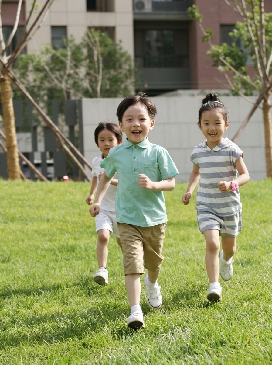 孩子在草地上開心地奔跑